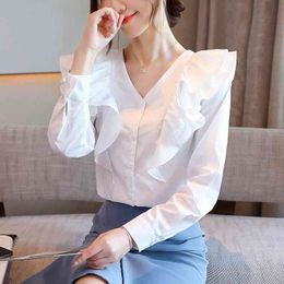 Long Sleeve Autumn Fashion V-neck Ruffle Blouse Shirt White Women's Solid Colour Blusas Women Clothing Top 954J 210420