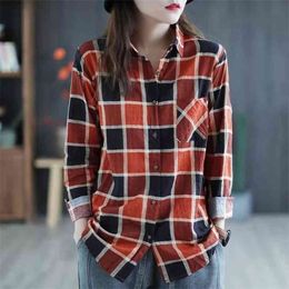 Spring Women Loose Long Sleeve Pockets Design Blouse Single Breasted Turn-down Collar Plaid Cotton Linen Casual Shirts W92 210512