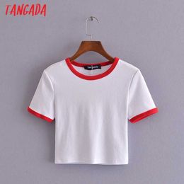 Tangada Women Solid Crop Cotton T Shirt Short Sleeve O Neck Tees Ladies Casual Tee Shirt Street Wear Top 3H300 210609