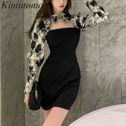 Kimutomo Women Vintage Floral Print Mini Dress French Style Spring Chic Female Turn-down Collar Patchwork Bodycon Elegant 210521