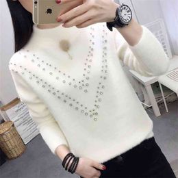 Spring And Autumn Mink-like Half Turtleneck Sweater Women's Beading Loose Thin Knitting Base Hedging Solid Colour 210427