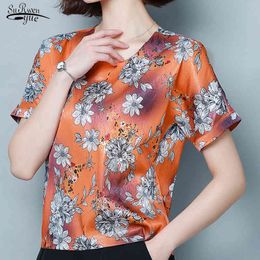 O Collar Plus Size Summer Blouse Women Casual Silk Floral Short Sleeve Shirt Vintage Loose Tops 9066 50 210508