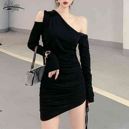 Spring Black Grey Elegant Long Sleeve Mini Off-shoulder Dress Bodycon Sexy Strapless Bottoming Robe Femme 12566 210521