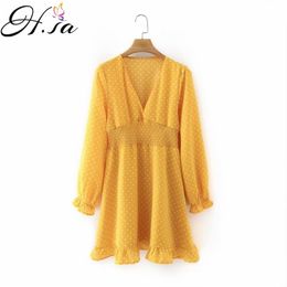 Summer Chiffon Dresses Long Sleeve Sexy Bohemian Yellow Ruffles Vestidos Beach Style Fashion Polka Dots Pleated Boho 210430