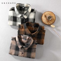 U&SHARK 100% Cotton Flannel Shirt Men Clothing Korean Long Sleeve Casual Plaid Shirt for Men Chequered Shirt Collared Fashion 210603