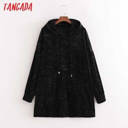 Tangada Women Oversize Black Velvet Hoodie Sweatshirts Fashion Ladies Pullovers Pocket Hooded Jacket 1D212 210609