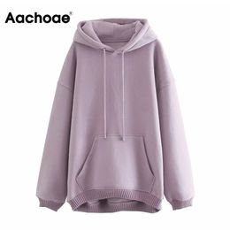 Aachoae Solid Loose Unisex Hoodies Sweatshirts 100% Cotton Fleece Hooded Sweatshirt Women Casual Long Sleeve Pullovers Tops 210413