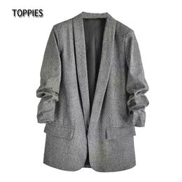 Toppies Leisure Blazer Women Loose Suit Jacket Solid Color Plus Size Ladies Blazer Pleated Sleeve 210412