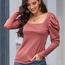 Fall Square Neck Bubble Long Sleeve T-shirt Knit Fashion Casual Street Style Solid Color Women Pullover Top Plus Size 210522