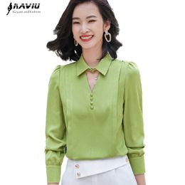 Fruit Green Shirt Women Long Sleeve Satin Autumn Design Temperament V Neck Chiffon Blouses Office Ladies Fashion Work Tops 210604