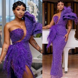 Plus Size Purple Sequined Mermaid Prom Dresses One Shoulder High Slits Beads Pearls Evening Dress Feather Lady vestidos