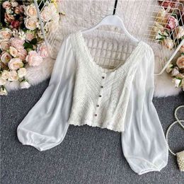 Western Style Girl Short Top Women Spring and Autumn French Fashion Hollow V-neck Puff Sleeve Shirt UK069 210507