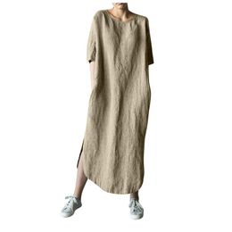 plus size cotton summer dresses pockets UK - Casual Dresses 2021 Women Long Maxi Summer Dress Cotton Pockets Beach Party Half Sleeve Solid Robe Femme Vestidos Plus Size 5xl