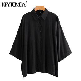 Women Fashion Oversized Button-up Cosy Blouses Three Quarter Sleeve Side Vents Female Shirts Chic Tops 210420