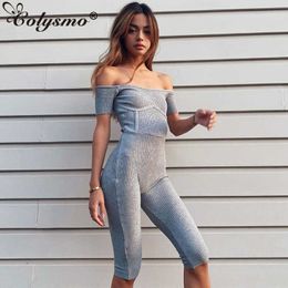 Colysmo Off Shoulder Playsuit Women Summer Clothes Grey Short Sleeve Ribbed Bodycon Romper Street Casual Jumpsuit 210527