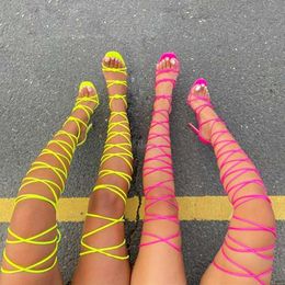 Women Gladiator Knee High Sandals Open Toe Lace Up Cross Strappy Heels Fashion Sexy Shoes