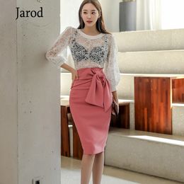Spring Two Piece Sets Korea Slim Sexy Lace perspective Blouse Top+Pink Bowknot pencil Skirt Suits Female Casual Dress 210518