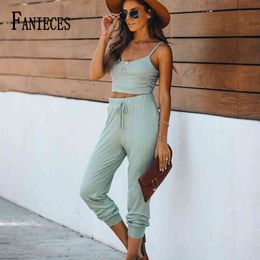 Two Piece Set Women Outfits Spaghetti Tank And Long Pants Summer Sleeveless Crop Top Casual Sport Fitness Tracksuit 210520
