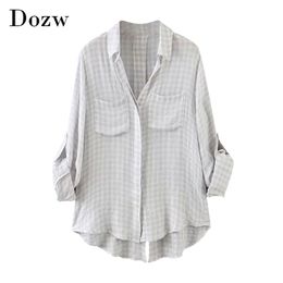 Casual Plaid Blouse Women Loose Long Sleeve Back Split Tunic Tops Turn Down Collar Ladies Office Shirt With Pockets 210515