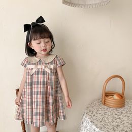 Girls Bow Checker Dresses Summer 2021 Kids Boutique Clothing Korean 1-6T Children Short Sleeves Cotton Dress