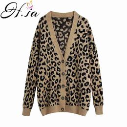 H.SA Women V neck Long Leopard Oversized Cardigans European Fashion Sweater Knit Coat Overcoat 210417