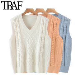 TRAF Women Fashion With Ribbed Trim Loose Cable-Knit Vest Sweater Vintage V Neck Sleeveless Female Pullovers Chic Tops 210415