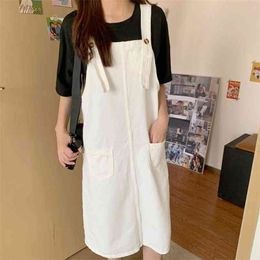 Denim Dress Black and White Pocklets Buckle Adjustable Sundresses Women Casual Loose Knee-length Back Split Summer Jeans Dresses 210604