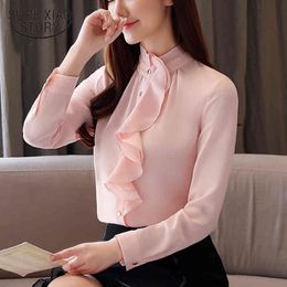 Women Spring Chiffon Ladies Tops Ruffles Pink Long Sleeve Stand Collar Solid Blouse Cardigan Shirts Womens Clothing 8400 50 210417