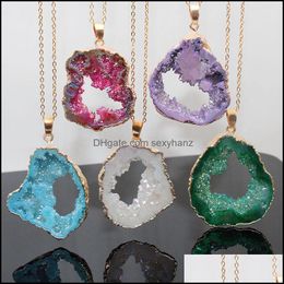 Necklaces & Hollow Crystal Druzy Stone Pendant Necklace Rose Quartz Chakras Gold Plating Edged Pendants For Women Gift Jewelry Drop Delivery