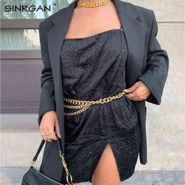 Women Satin Cheetah Black Slip Dress Sexy Party Leopard Spaghetti Strap Club Dress Loose Oversized Streetwear 210412