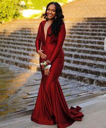 Burgundy Long Sleeves Mermaid Evening Dresses Deep V Neck Sweep Train Satin Formal Special Occasion Prom Gowns