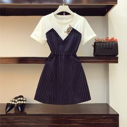 Summer Fashion Women Short Sleeves O Neck Cute Cat Patchwork Stripe A Line Dress Female Casual Dresses 210428