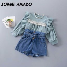 Spring Kids Girls 2-pcs Sets Patchwork Lace Long Puff Shirts + Denim Shorts with Sashes Children Clothes E1913 210610