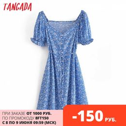 Tangada Women Blue Floral Print Summer Beach Dress Puff Short Sleeve Ladies Dress Vestidos 3A151 210609