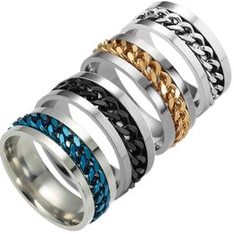 -Joyas de anillo de rotación de acero de titanio Hombres Mujeres Mezcla Tamaño 6-12 Gold Silver Black Link Chain Finger Band Anillos Directo