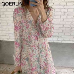 French Style Gentle Floral Women Dress Single-Breasted Slim V Neck Long Sleeve Pink Vestidos Mujer 210601