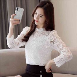 Plus velvet Ladies White Long Sleeve Lace Ruffle Tops Blouses Women Hollow out Elegant Casual shirt blusa 809C 210420