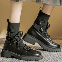 Fashion Patent Leather Women's Boots Lace-up Platform Stitching Round Head Square Heel Women Elastic Ankle Boot 2022