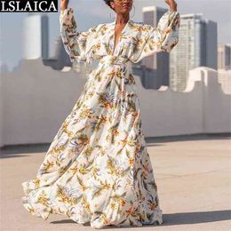 Long Sleeve Print Dress Sexy V-Neck High Waist Bohemian Loose Floor Length Elegant Evening Party Vestidos Longos 210515