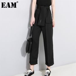 [EAM] Spring High Waist Lace Up Black Slim Temperament Trend Fashion Women's Wild Casual Wide Leg Pants LA2 211105