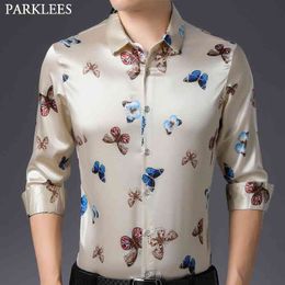 Fashion Silk Satin Shirt Male Slim Fit Long Sleeve Mens Dress Shirts Casual Smooth Party Social Club Shirt Men 210522