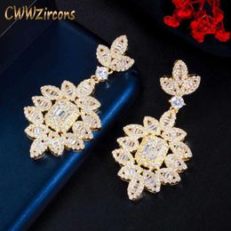 AAA Cubic Zirconia Yellow Gold Large Long Dangle Drop Leaf Shape Wedding Earrings for Brides Luxury Jewelry CZ804 210714