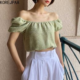 Korejpaa Women Shirt Summer Korean Sexy Leaky Shoulders One-Word Collar Pleated Design Puff Sleeves Short Texture Blouses 210526