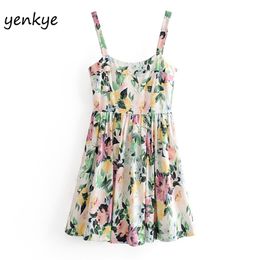 Women Floral Print A-line Mini Party Dresses Sexy Backless Sleeveless Sling Front Sweet Bow Summer Short vestido 210514