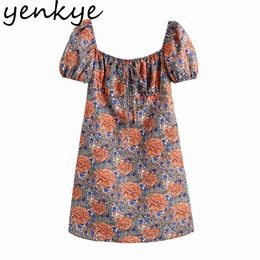 Vintage Floral Print Dress Women Sexy Square Neck Puff Sleeve High Waist Sundress Female A-line Mini Summer Casual 210514