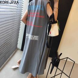 Korejpaa Women Dress Summer Korean Chic Ladies Simple Round Neck Letter Printing Design Loose Casual T-Shirt Vestidos 210526