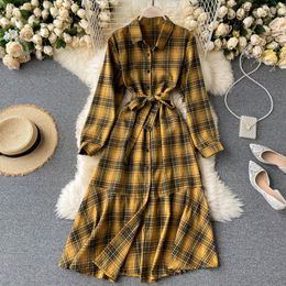 Women Plaid Blouses Dress Autumn Turn-down Collar Button Ruffles A-line Dress Retro Fashion Streetwear Midi Long Dress 210419