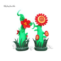 Red Inflatable Flowers Outdoor Wedding Sunflower Green Plants 3m Air Blow Up Flower Replica For Garden And Yard Decoration