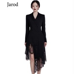 Brand Ladies irregular Dress Runway Autumn Winter Notched collar Double-breasted Long Sleeve Patchwork Lace Women Vestidos 210519