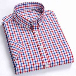 Short Sleeve Men's Cotton Shirt For Summer Plaid Business Casual Checkered Oxford Shirt Mens Regular Fit Striped Front Pocket G0105
